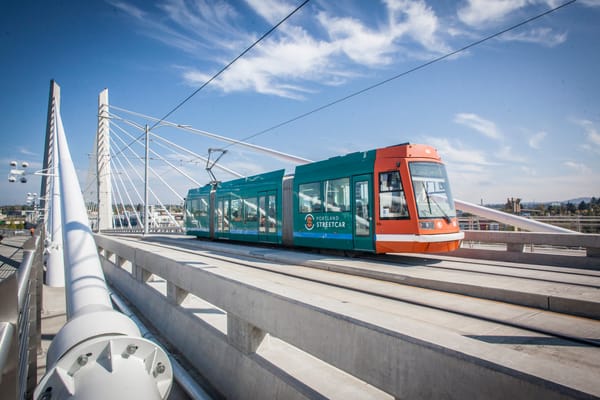 A streetcar crossing the tilikum crossing bridge